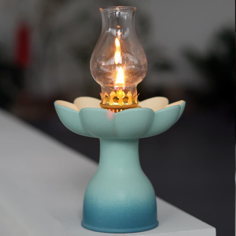 Space Ceramic Everlasting Lamp Tea Room Ornament, Home Living Room Blue and White Ghee Lamp, Camping Ambience Light Decoration