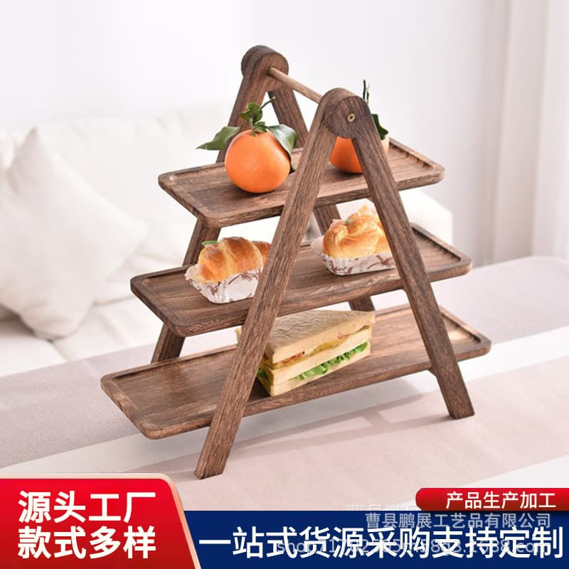 Creative wooden tray three-tier fruit cake plate storage rack solid wood multi-layer tray display rack