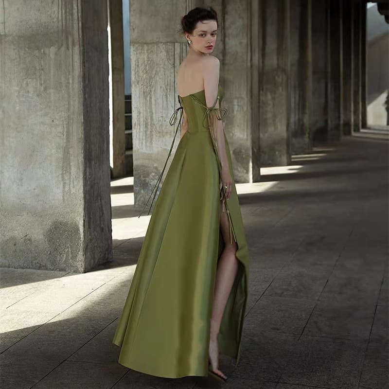 Green Strapless Evening Gown for Women 2026 Summer New Elegant Socialite Banquet French Satin Dress