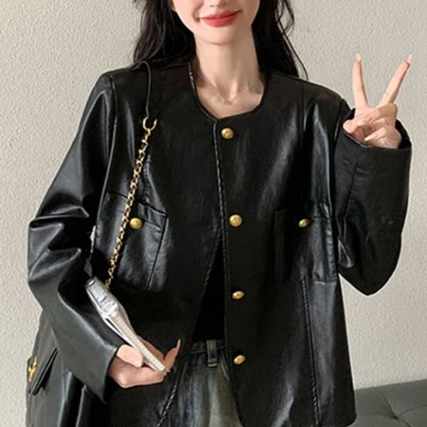 Chanel-style PU Leather Jacket for Women Spring Fall 2026 New Arrival Short Fitted Biker Coat Trendy Streetwear Top