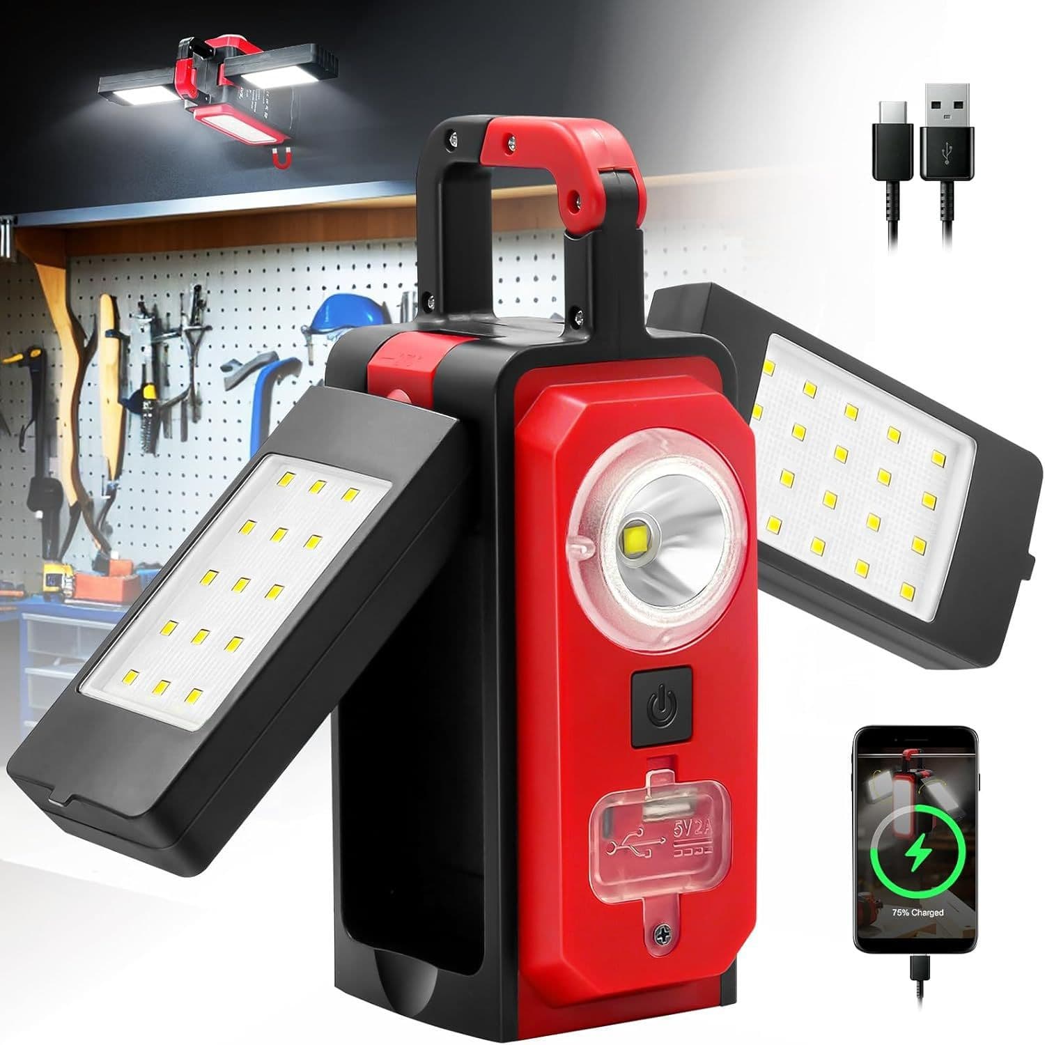 Multi-function Portable LED Floodlight with Magnetic Base and Power Bank for Workshop, Garage, and Emergency Use