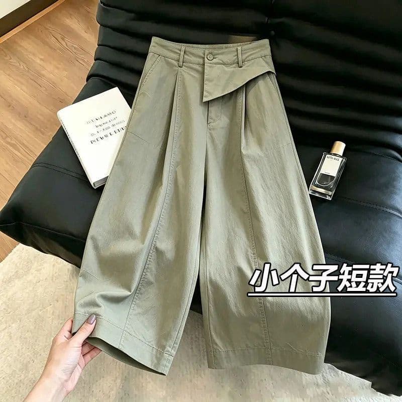 2026 Summer Korean Style Designer Wide-Leg Curved Pants Women New Petite Slim Fit Cargo Nine-Length Pants