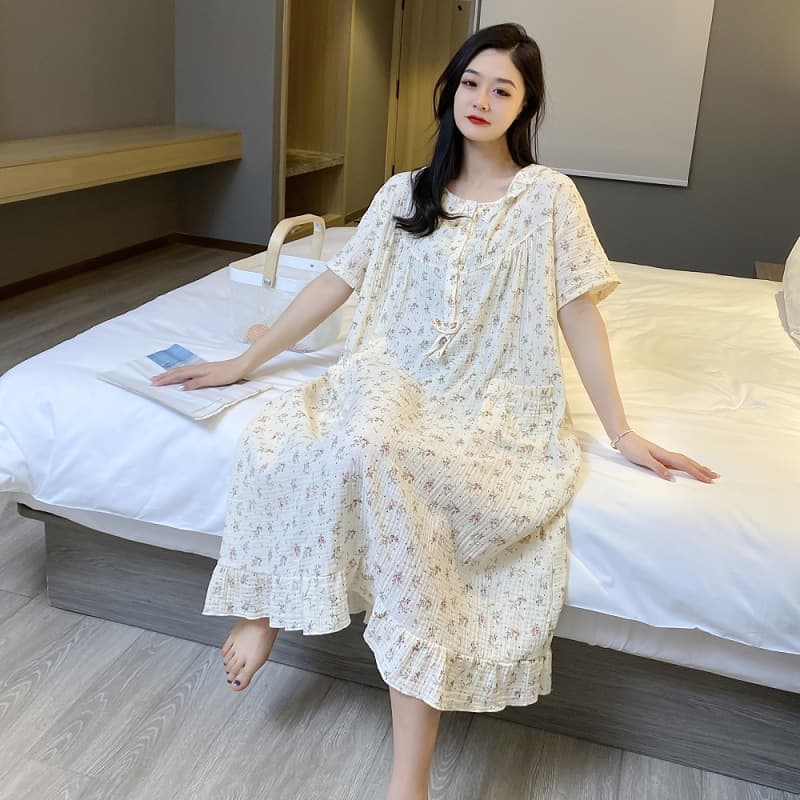 Summer new short-sleeved nightgown plus size home dress mid-length double-layer gauze casual skirt round neck printed home wear