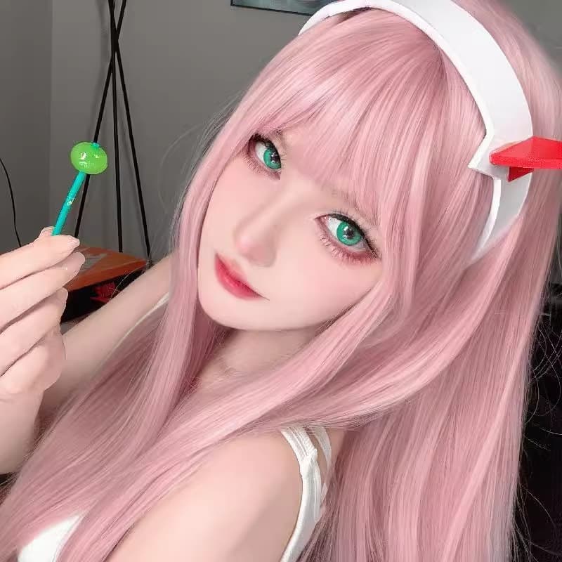 Pink Long Straight Wig with Bangs for Women, Cosplay 02 from Darling in the Franxx, Lolita, Daily Wear, Full Head Realistic Wig