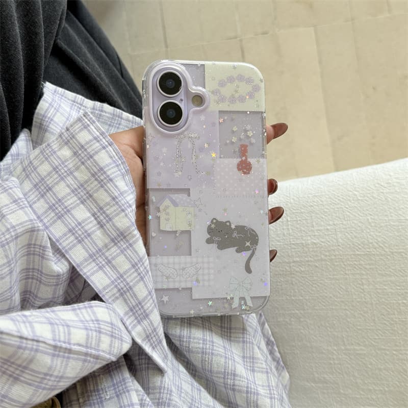 Korean Purple Splicing House Cat Case for iPhone 17 Pro Max, Apple 16 Phone Case 15 Double Layer 14 Women