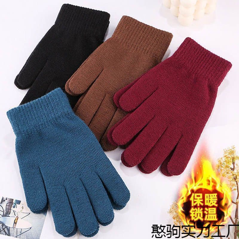 Men's and women's winter gloves, warm, solid color, knitted, thick, fleece-lined, wool gloves for cycling.