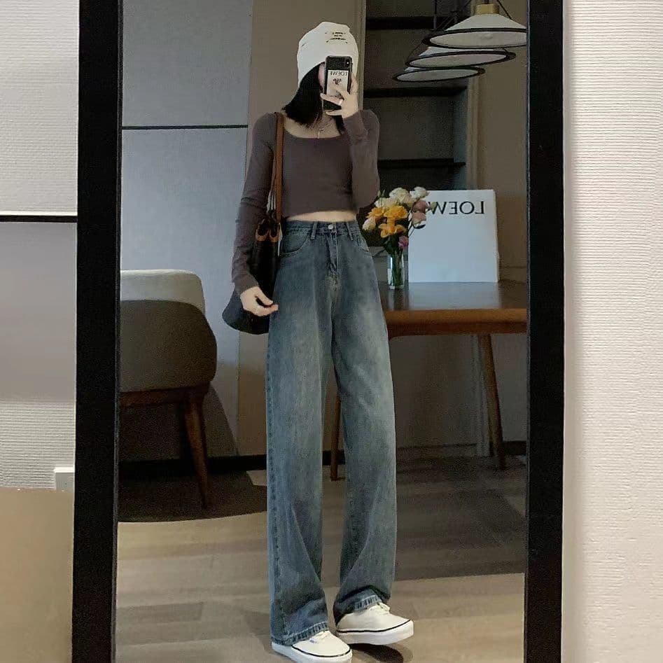 Spring/Fall New Korean Retro Hong Kong Style Wide-Leg Jeans for Women, Loose High-Waist Slim Straight-Leg Dad Trousers, Floor-Length Fashion