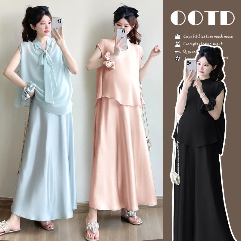 2026 New Maternity Summer Dress Set, Fashionable Maternity Wear with High-End French Style Long Dress Design