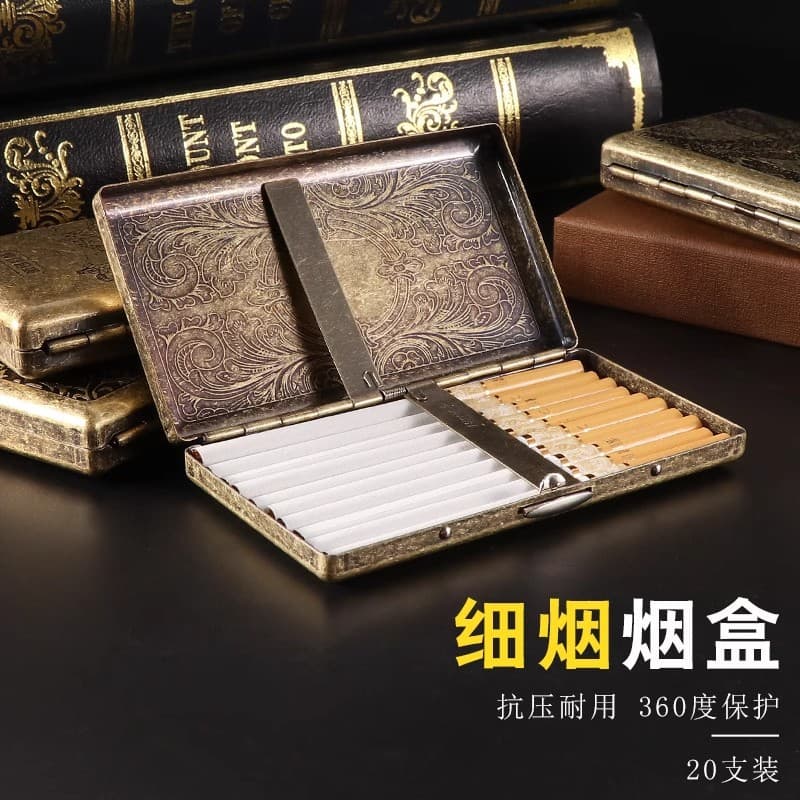 20-pack slim cigarette women's cigarette box, creative light luxury embossed metal cigarette box, pressure-resistant and wear-resistant portable smoking set