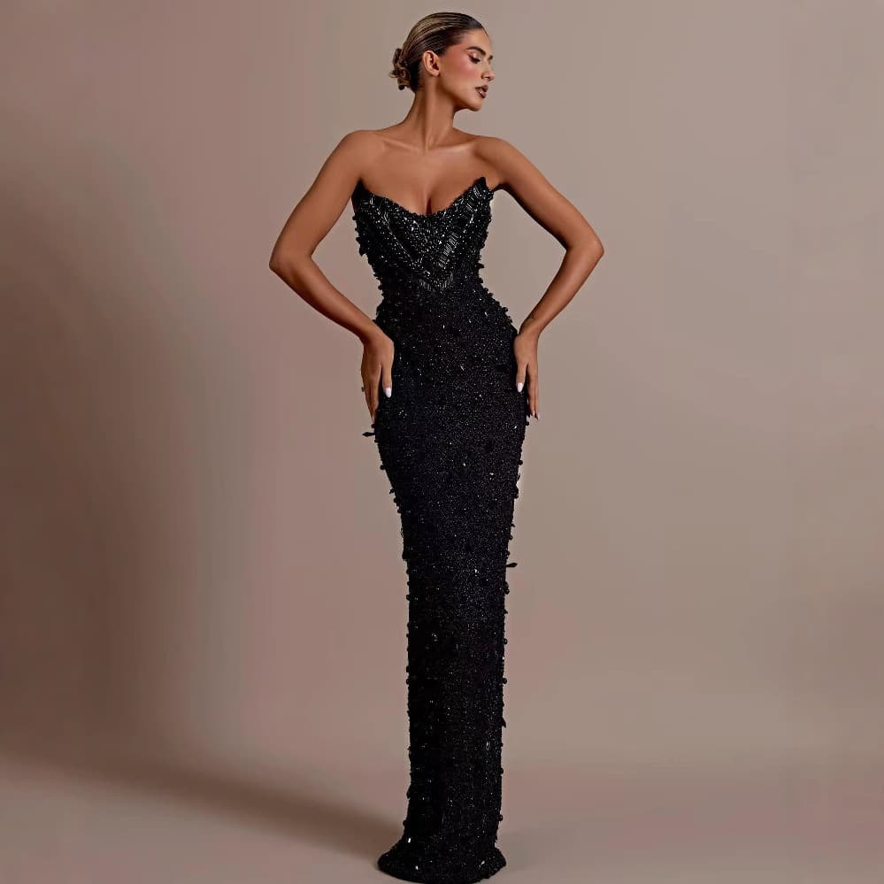 Export Best-selling Heavy Beaded Strapless Bodycon Sequin Slim Party Banquet Evening Dress