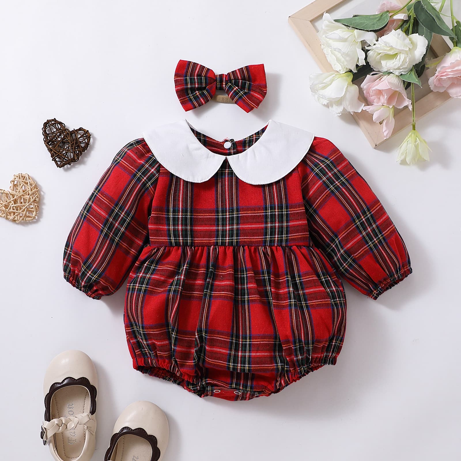 Winter New Arrival European And American Children's Clothing Girls Christmas Plaid Long Sleeve Romper Onesie Butterfly Style Cotton