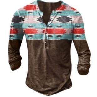 Cross-Border European and American Open Front Henley Shirt Long Sleeve 3D Digital Print Men's Ethnic Style Series Top