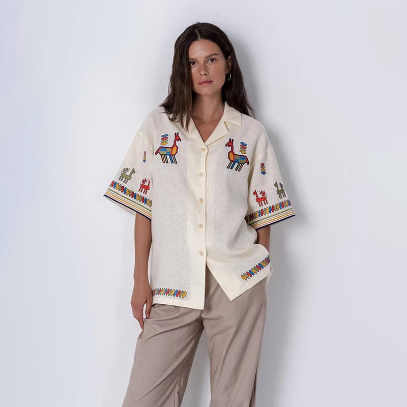 French single niche 2026 spring and summer fun rainbow zodiac horse embroidered suit collar bohemian style shirt 26228