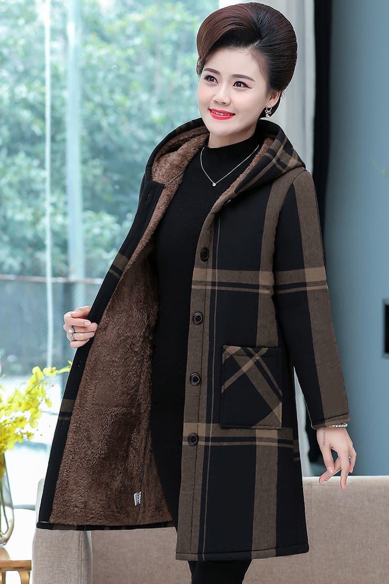 2025 New Autumn and Winter Fleece-Lined Windbreaker Coat for Mothers, Long Casual Hooded Thickened Cotton Jacket for Middle-Aged and Elderly Women