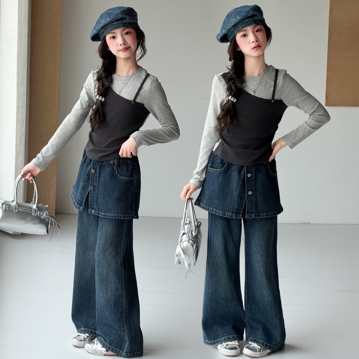 Girls Suits Spring and Autumn 2026 New Korean Style Vest Denim Wide Leg Pants Two-piece Set for Big Children Fashionable and Trendy