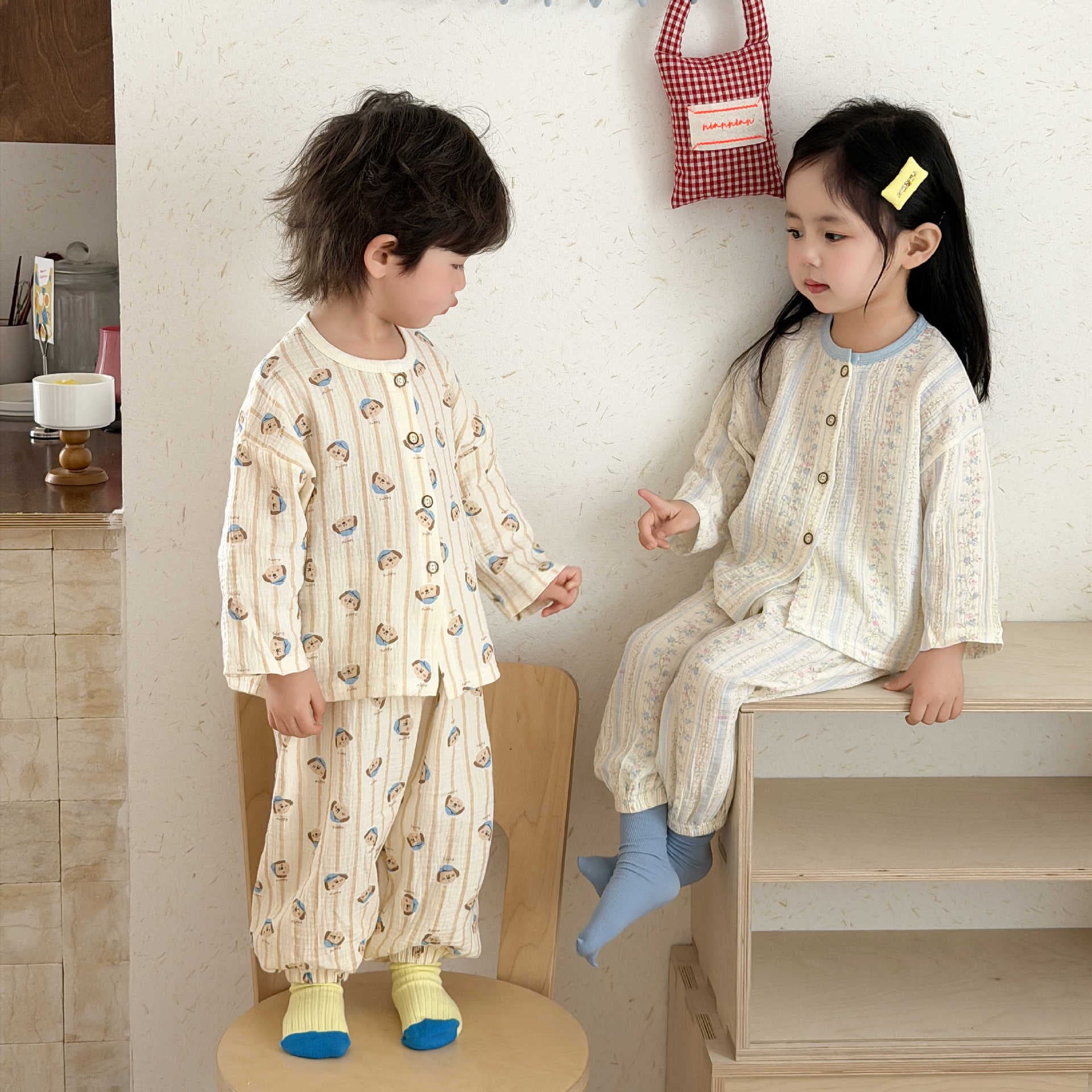 Kids' Cartoon Pajamas, Baby Pure Cotton Gauze Loungewear, Boys' Cotton Gauze Three-Quarter Sleeve Loungewear, Girls' Sets