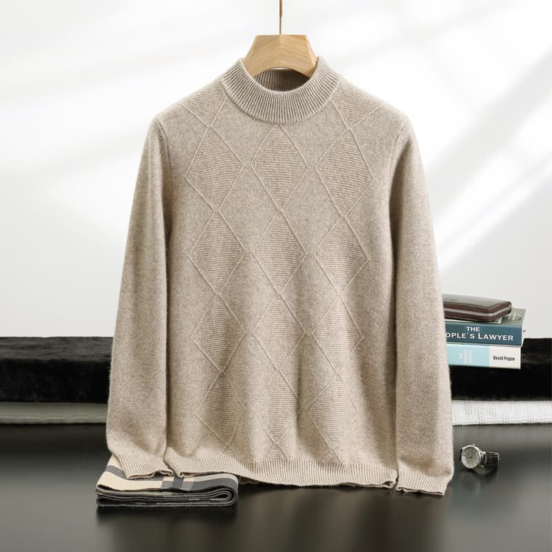 Men's 7-needle thick cashmere sweater, semi-high collar, diamond jacquard sweater, fashionable and versatile knitted wool base layer.