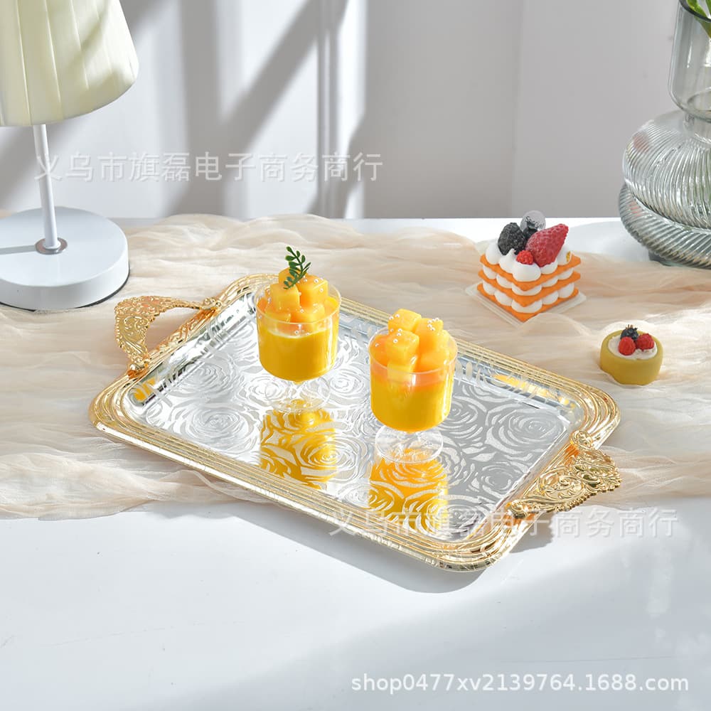 Middle East Light Luxury Metal Tray Gold Trim Silver Snack Fruit Dessert Cake Rectangular Serving Display Plate