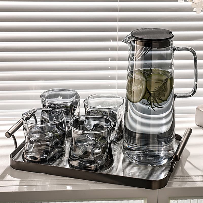 Nordic Style Large Capacity Heat-Resistant Glass Water Pitcher and Drinking Cup 7-Piece Set for Home Living Room