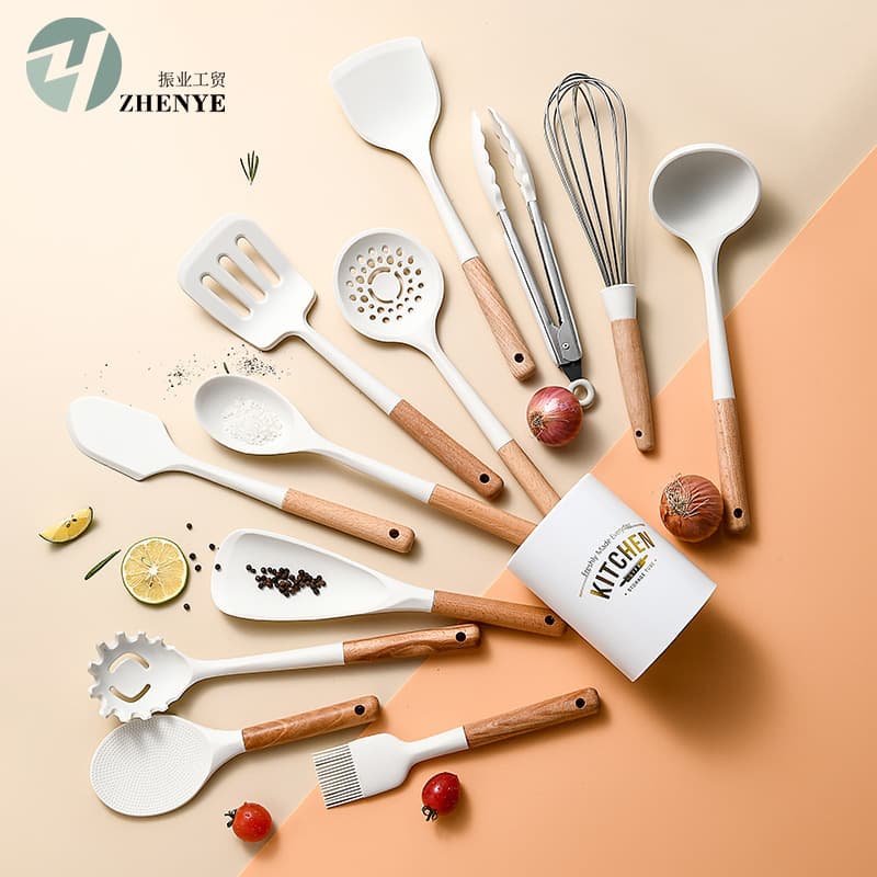 Milky White Wooden Handle Silicone Kitchenware Cooking Set 12-Piece Kitchen Tool Set