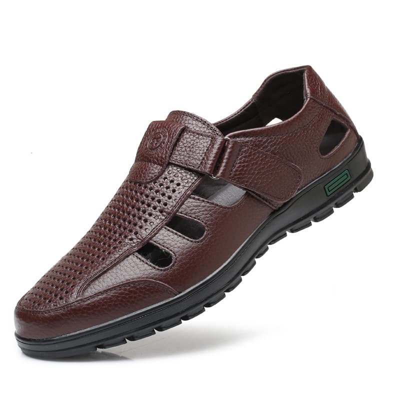 Large Size Summer Sandals, Top Layer Cowhide Men's Leather Sandals, Middle-Aged and Elderly Slip-On Hole Shoes, Soft Leather Dad Shoes, Drop Shipping