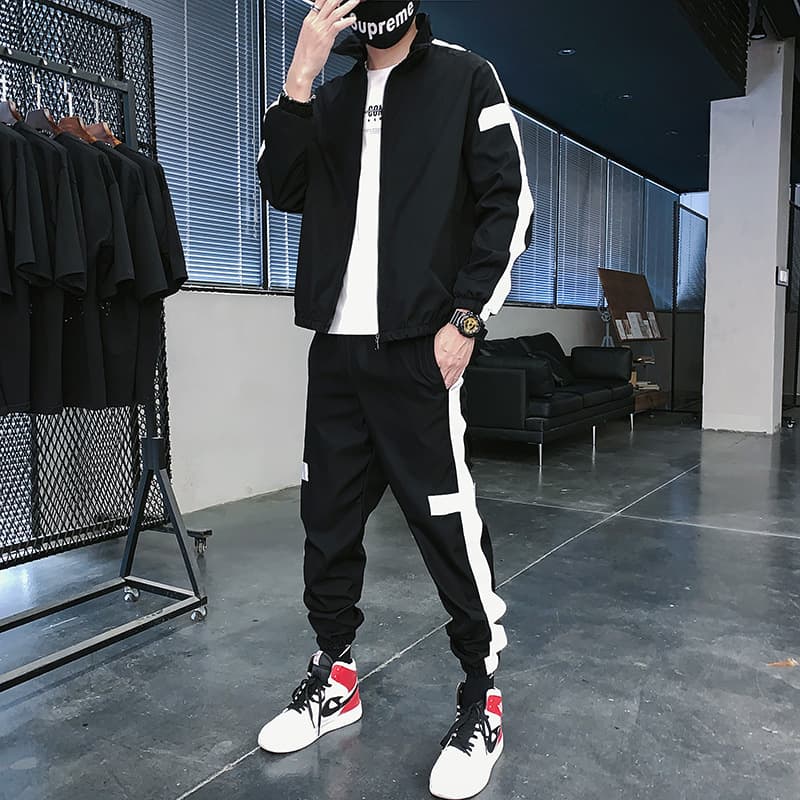 2021 Spring Autumn Cross-border Explosive Men's Casual Sportswear Set Two-piece Printed LOGO One-piece Printed Light Strip