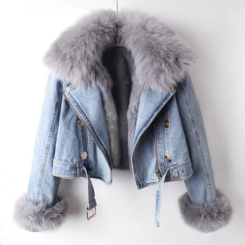 2025 Autumn/Winter New Detachable Faux Fox Fur and Rabbit Fur Lining Denim Jacket Women's Short Parka