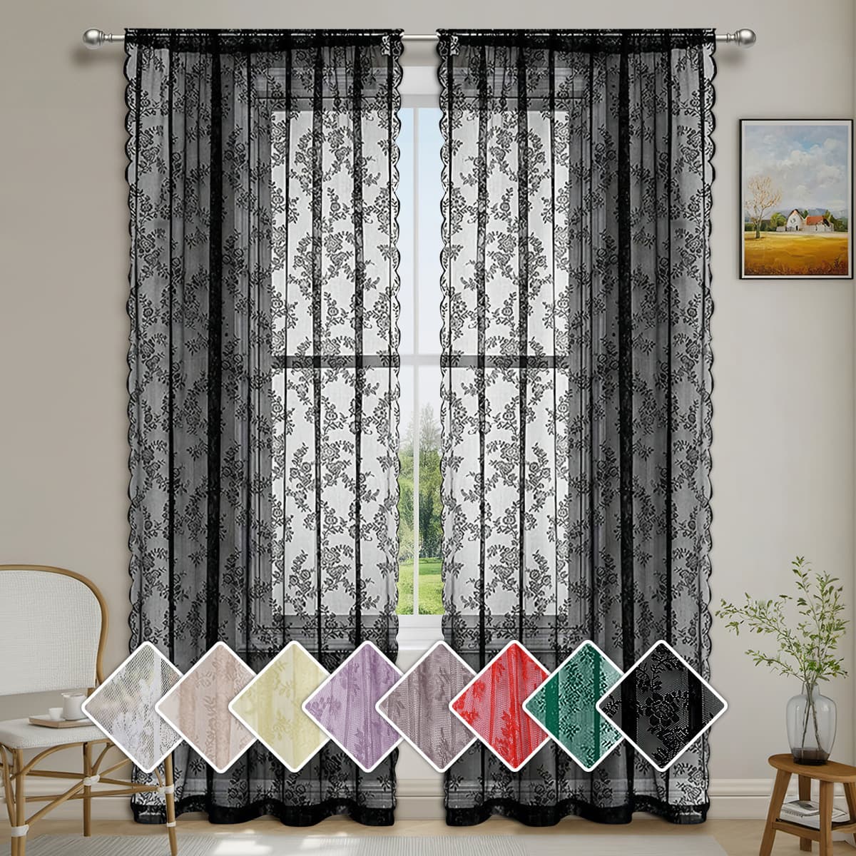 Cross-border French Lace Window Sheer Curtain Semi-sheer Lace Edge Rod Pocket Curtain Ready-made TEMU Stock Drop Shipping