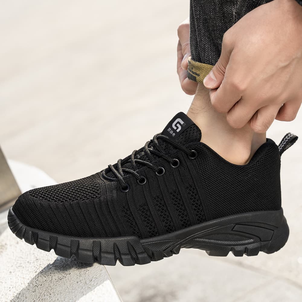 Anti-static labor protection shoes unisex fly-knit comfortable breathable wear-resistant toeless all-season workshop lightweight safety shoes.