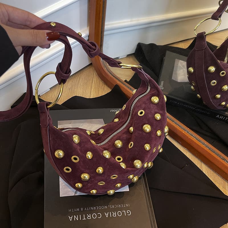 2025 new niche style motorcycle style high silk suede rivet shoulder bag high-end design personalized crossbody bag