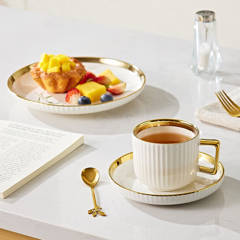 Export Ceramic Striped Mug Cross-border Espresso Cup & Saucer Restaurant Home Light Luxury European Gold Rim Coffee Cup