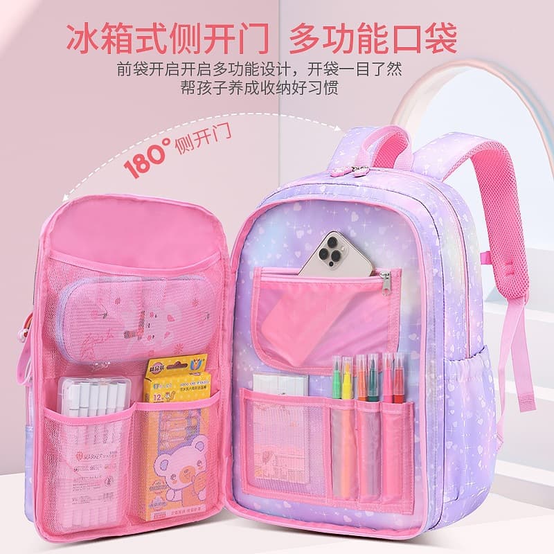 Elementary School Backpack for Girls Grades 1-6 Gradient Color Princess Backpack Side-Opening Ultra-Light Large Capacity Backpack