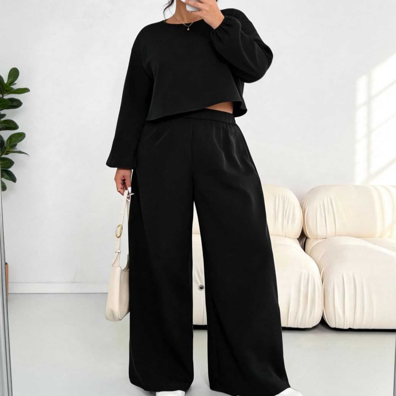 2026 New Black Wide-Leg Pants Set Women Loose Long-Sleeve Top Fashion Casual Two-Piece Set Trendy Wholesale