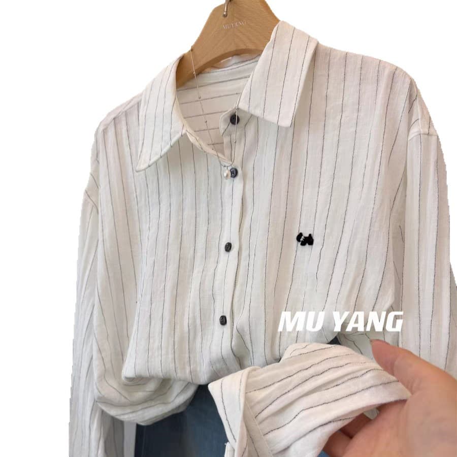 MUYANG Highly Recommended~75% Cotton Striped Shirt 3D Dog Logo Casual Stylish Blouse for Women