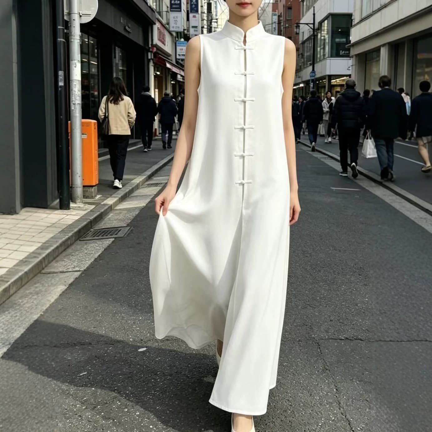 2026 New Style European and American Cross-border Amazon Independent Site Fashion Stand Collar Frog Button Loose Linen Cotton Dress for Women