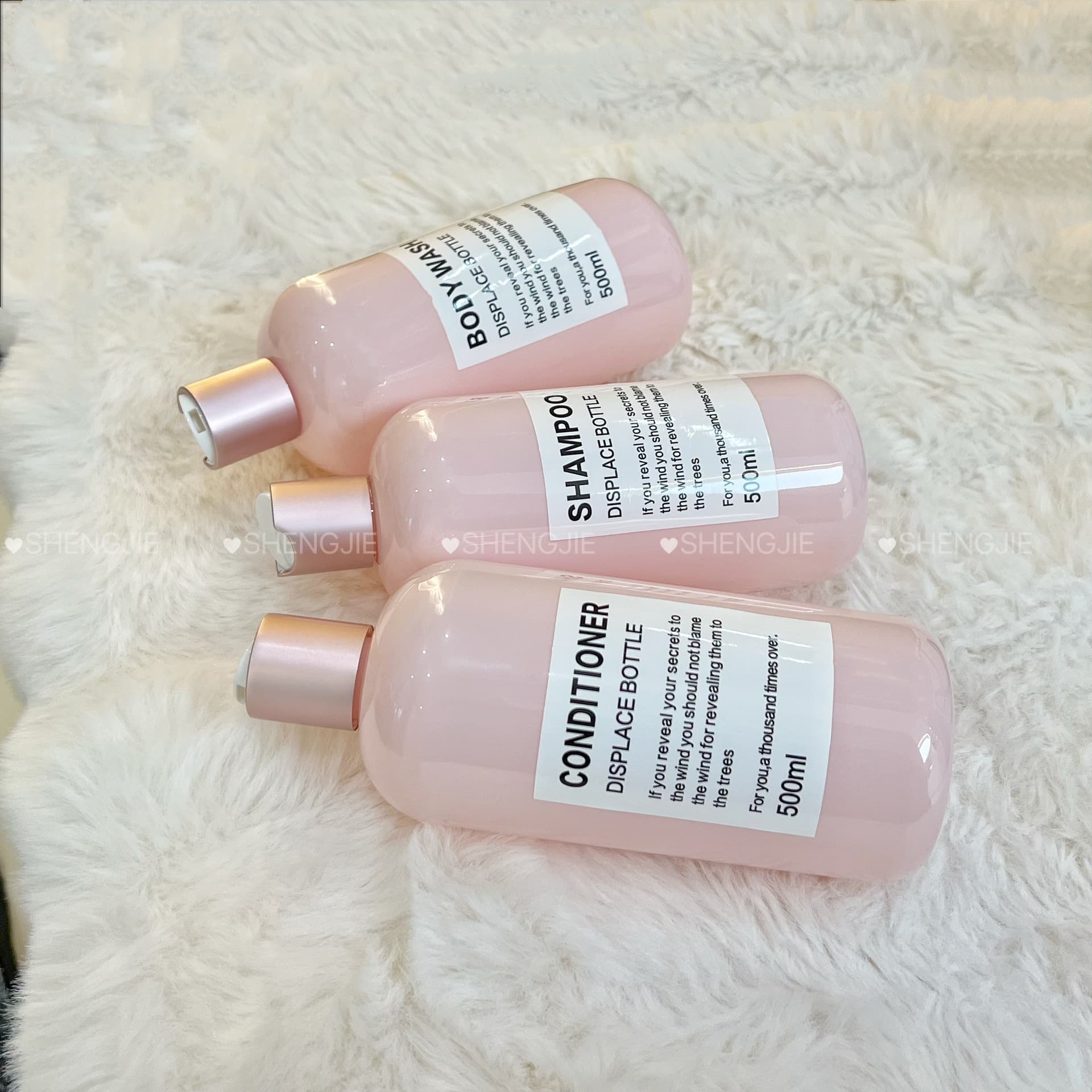500ml Boston Round Shoulder Shampoo Bottle in Sakura Pink with Rose Matte Gold Press Pump Cap