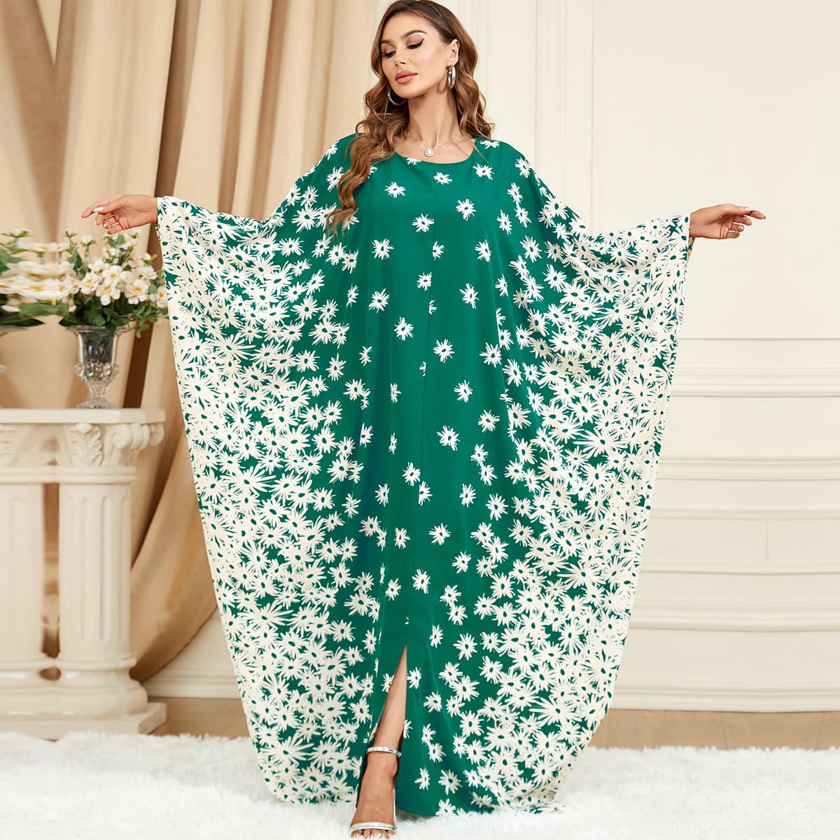 3421 Cross-border Trade Clothing Green Batwing Sleeve Loose Fashion Plus Size Dress