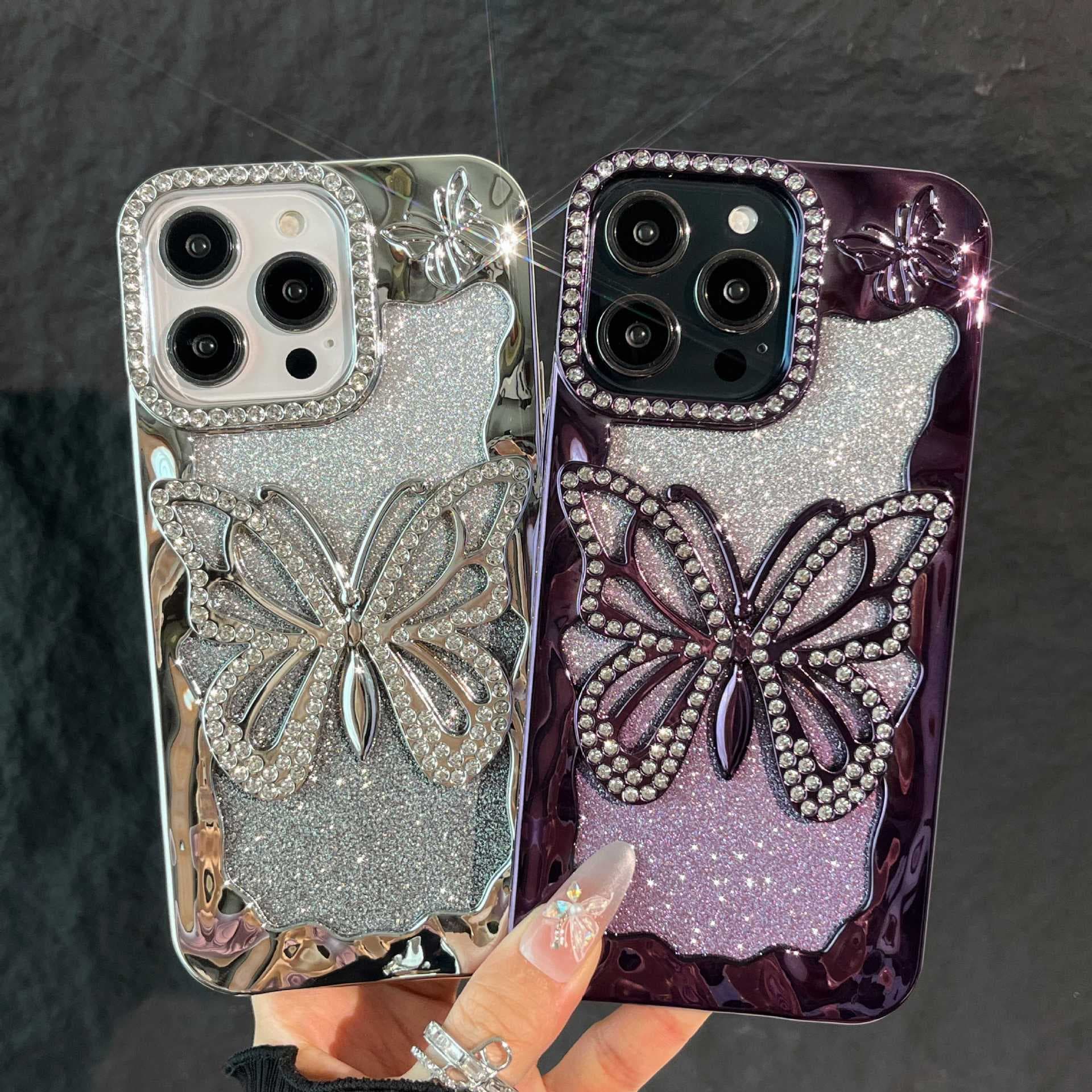 New Gradient Glitter Hollow Large Butterfly Rhinestone iPhone 17 Pro Max Phone Case Compatible with 16 Soft Electroplated 15