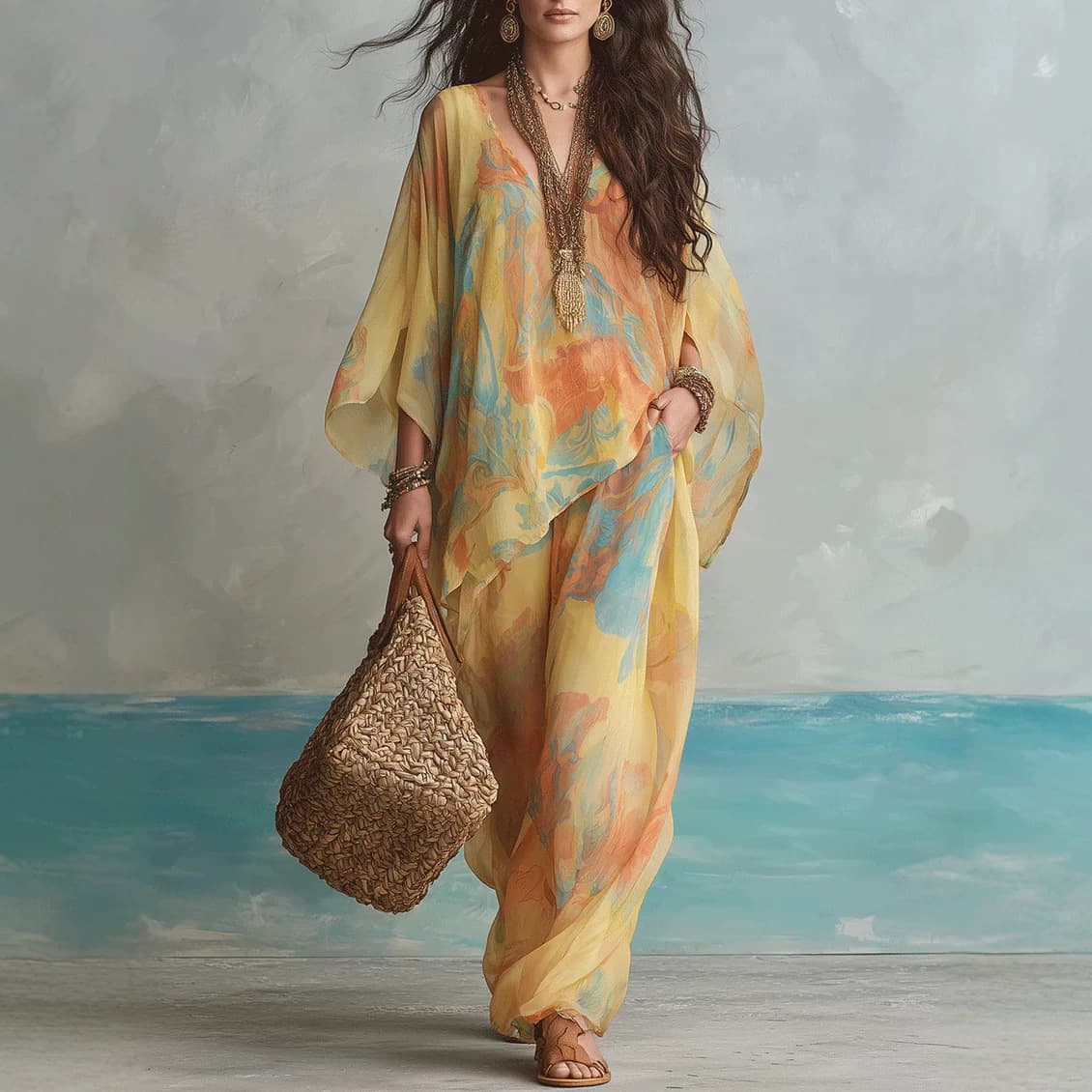 2026 European and American cross-border independent station new bohemian sunset bloom resort style long suit