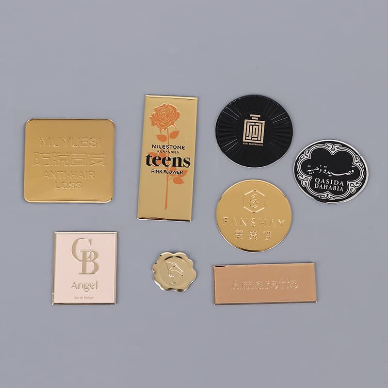 Professional Custom Perfume Aromatherapy Metal Labels Embossed Stamped Glass Bottle Aluminum Logo Curved Relief Stickers