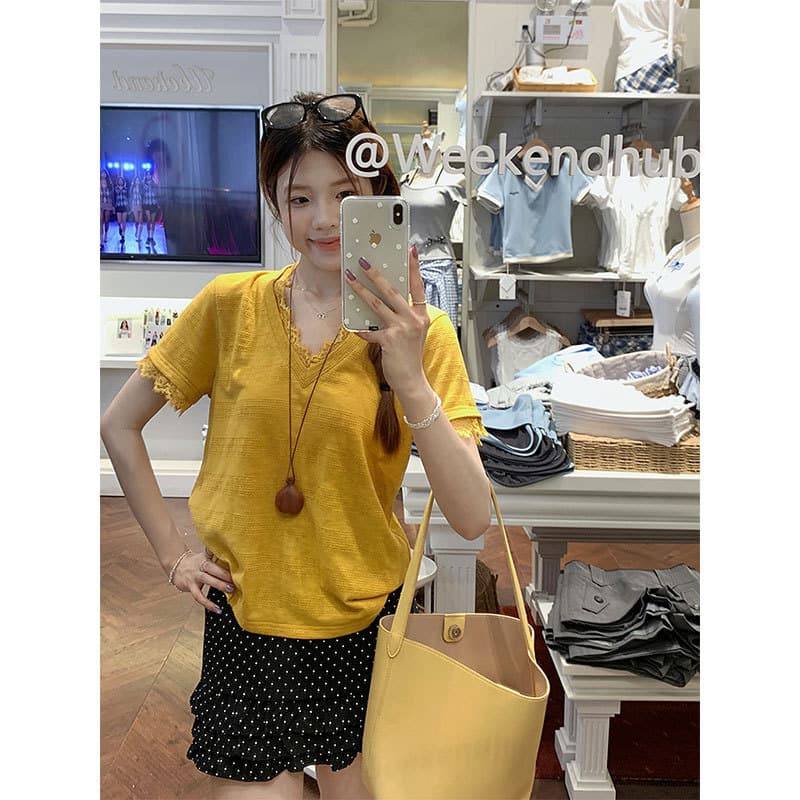 Chenling [Original Quality] Lace Trim Patch Short Sleeve T-Shirt for Women Summer New Loose Fit Slimming Versatile Top