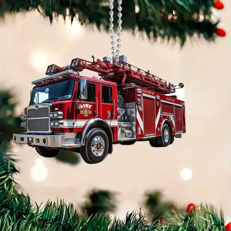Cross-border fire truck Christmas decorations Christmas tree decoration acrylic flat car rearview mirror decoration pendant