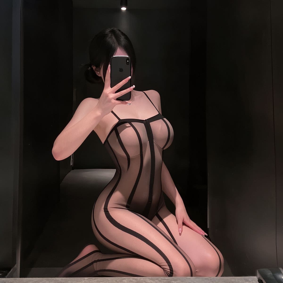 Long night stand, sexy stockings, sexy pure desire one-piece suspenders, striped mesh clothes, adult couple seducing and flirting on the bed