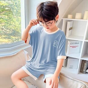 Children's Boys Pajamas Summer Thin Breathable Modal Ice Silk Short Sleeve Medium to Big Boys Air Conditioning Homewear for Girls
