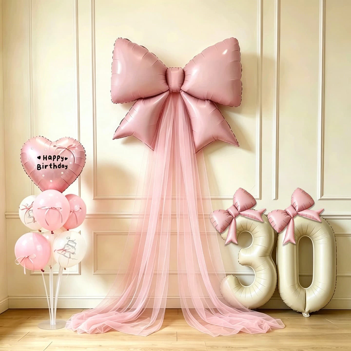 Baby girl's 30th day full moon scene layout pink bow mesh balloon column 100th birthday decoration photo props