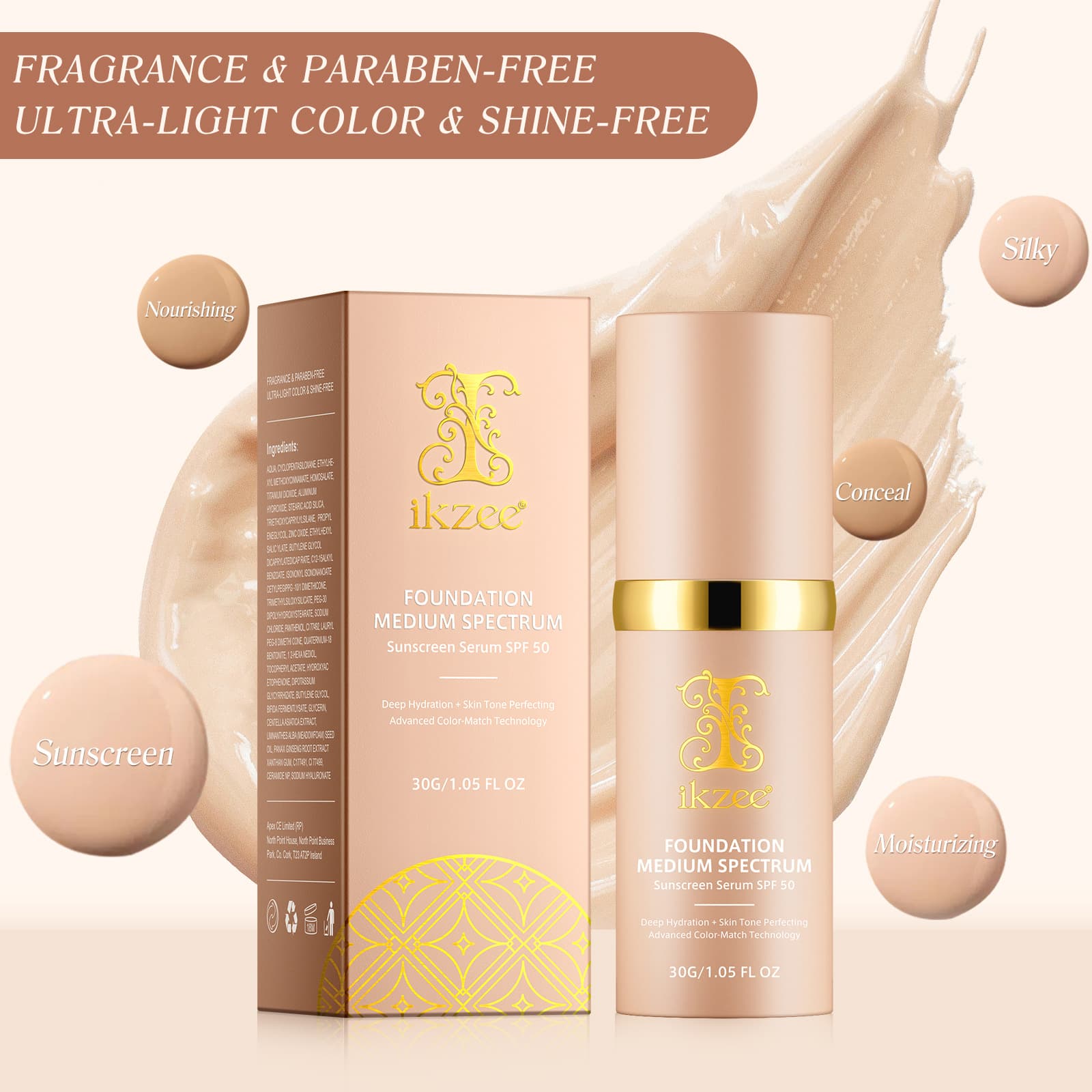 Cross-border ikzee's best-selling color-changing foundation, 4-in-1 bionic color-changing concealer, moisturizing, brightening, long-lasting and waterproof.