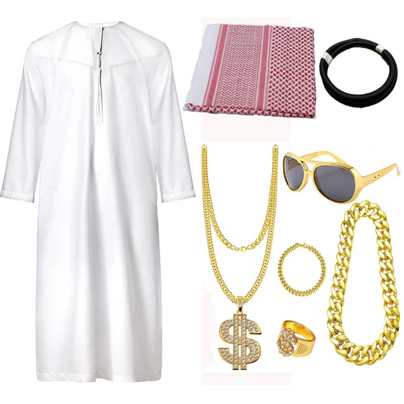 Chief Costume Arabic Costume with Headscarf, Ring, Necklace, Party Sun, Role Play