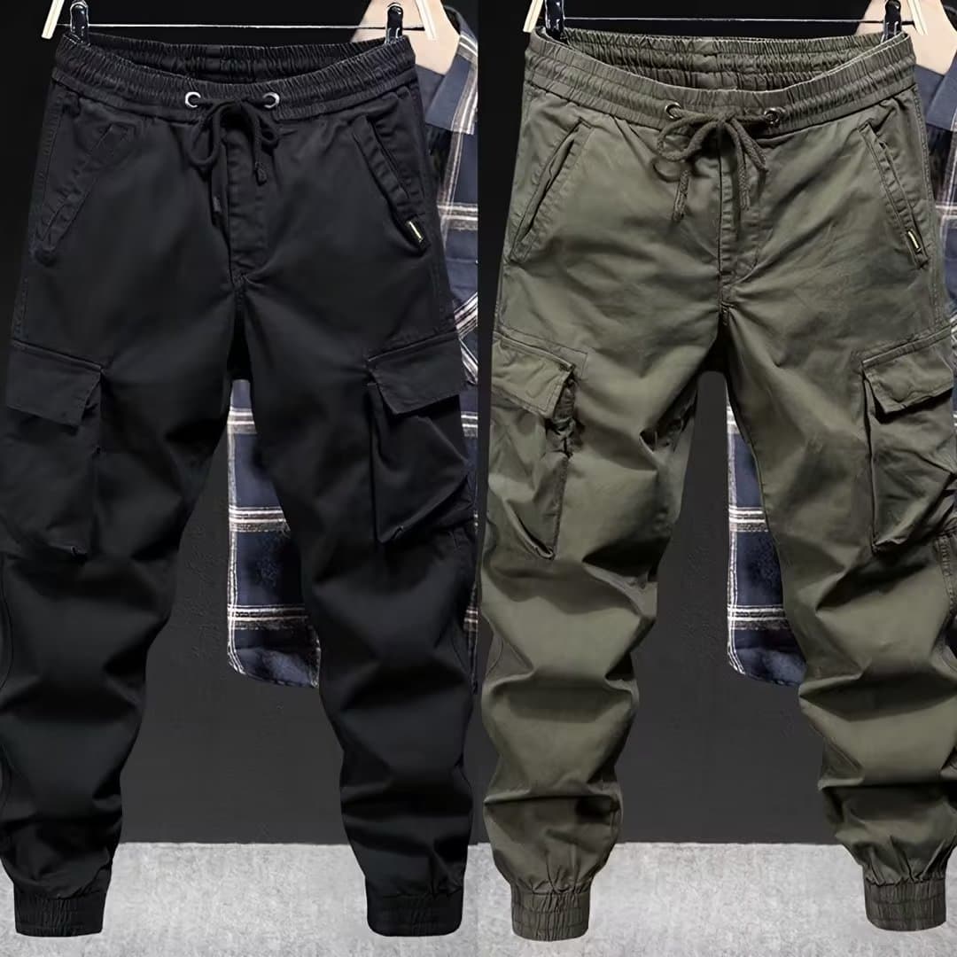 Trendy Casual Cargo Pants for Men Spring Autumn Loose Fit Drawstring Solid Color Cargo Pants Men's American Style Casual Pants