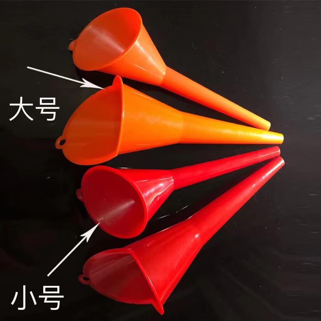 Hands-free refueling funnel for adding engine oil, gasoline, and motorcycle fuel additives; slanted, extended duckbill funnel.