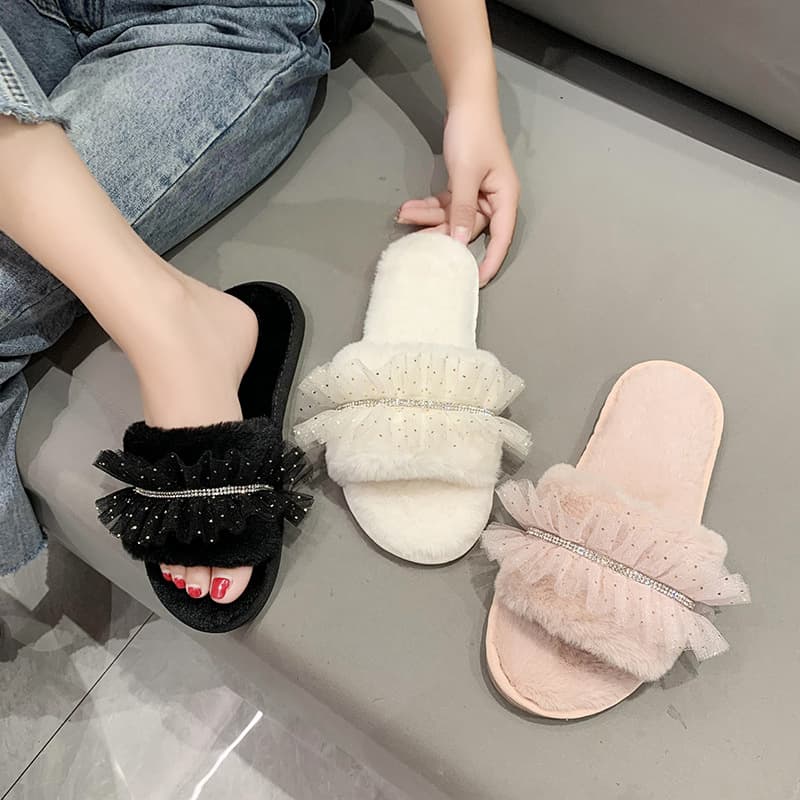 Autumn Winter Open-Toe Fuzzy Slippers for Women with Rhinestone Lace Trim, One-Strap Plush Slippers for Home, Maternity Cotton Slippers Wholesale
